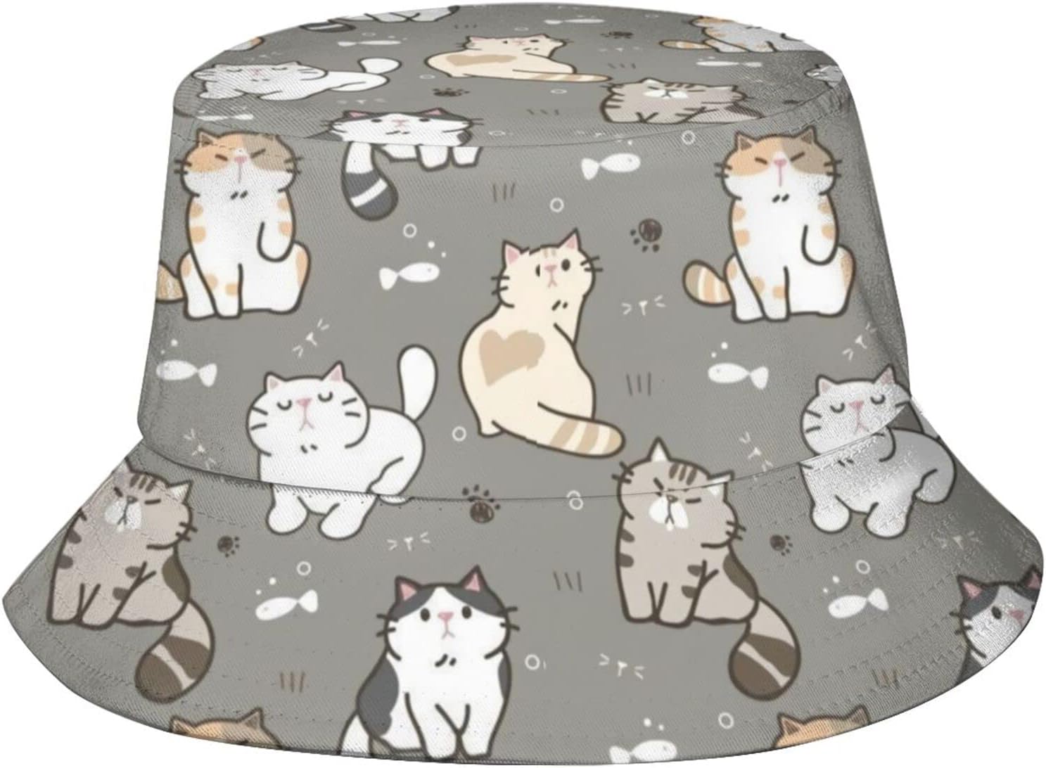 Cute Cat Bucket Hats Fashion Sun Cap Packable Outdoor Cartoon Cat Fisherman Hat for Women and Men Travel Black