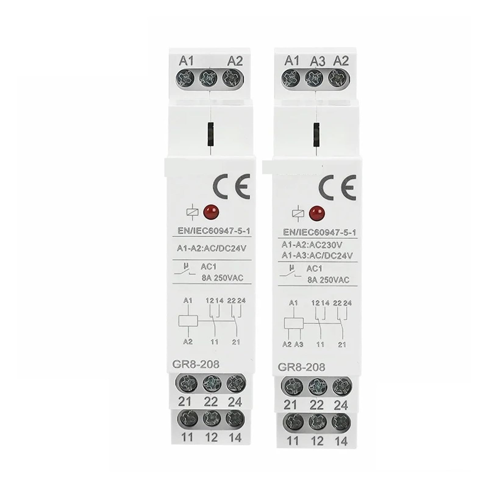 GR8-208 Relè Ausiliario Interruttore Intermedio 8A 2SPDT 12V 24V 48V 110V 220V RELÈ Modulo Guida Din(GR8-208-ACDC24V)