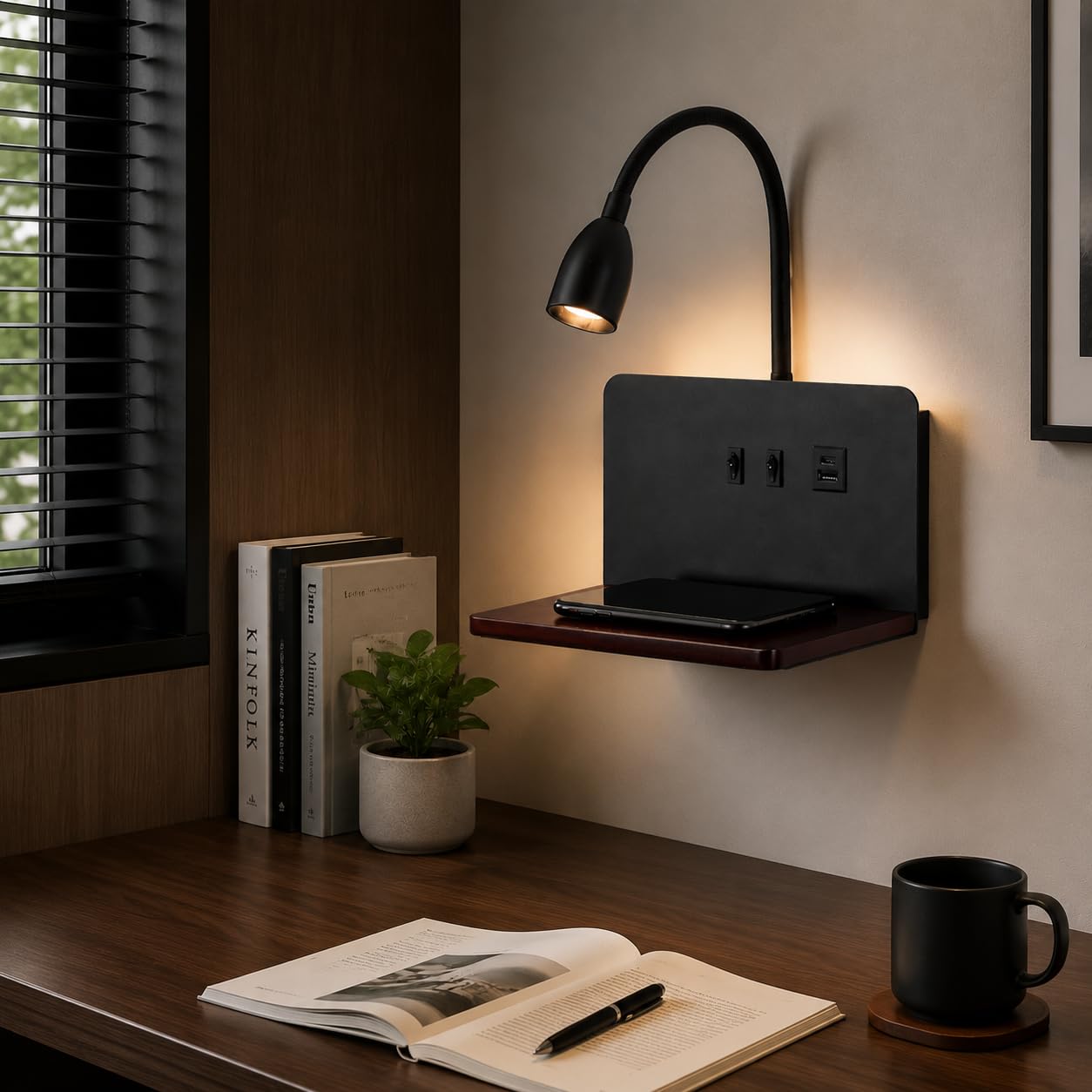 Schwarz LED Wandleuchte innen Holz Wandlampe schlafzimmer mit USB-A&USB-C Anschluss+15W Wireless Charger, Flexibler Schwanenhals Leselampe Bett 3 Farbtemperatur Modi, Bettlampe mit Stecker 1,5m Kabel