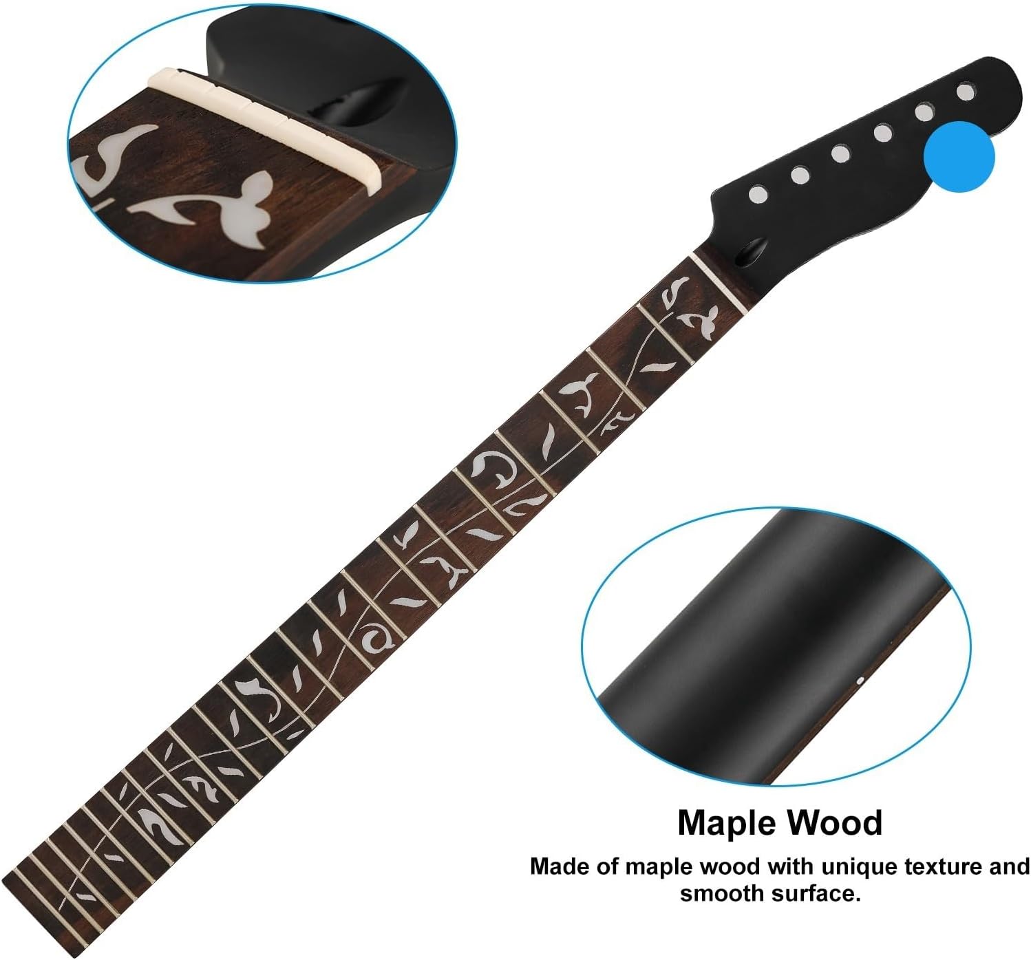 22 Fret Electric Guitar Neck Maple Head Rosewood Fretboard Life Tree for TL Parts Replacement Elegant Black