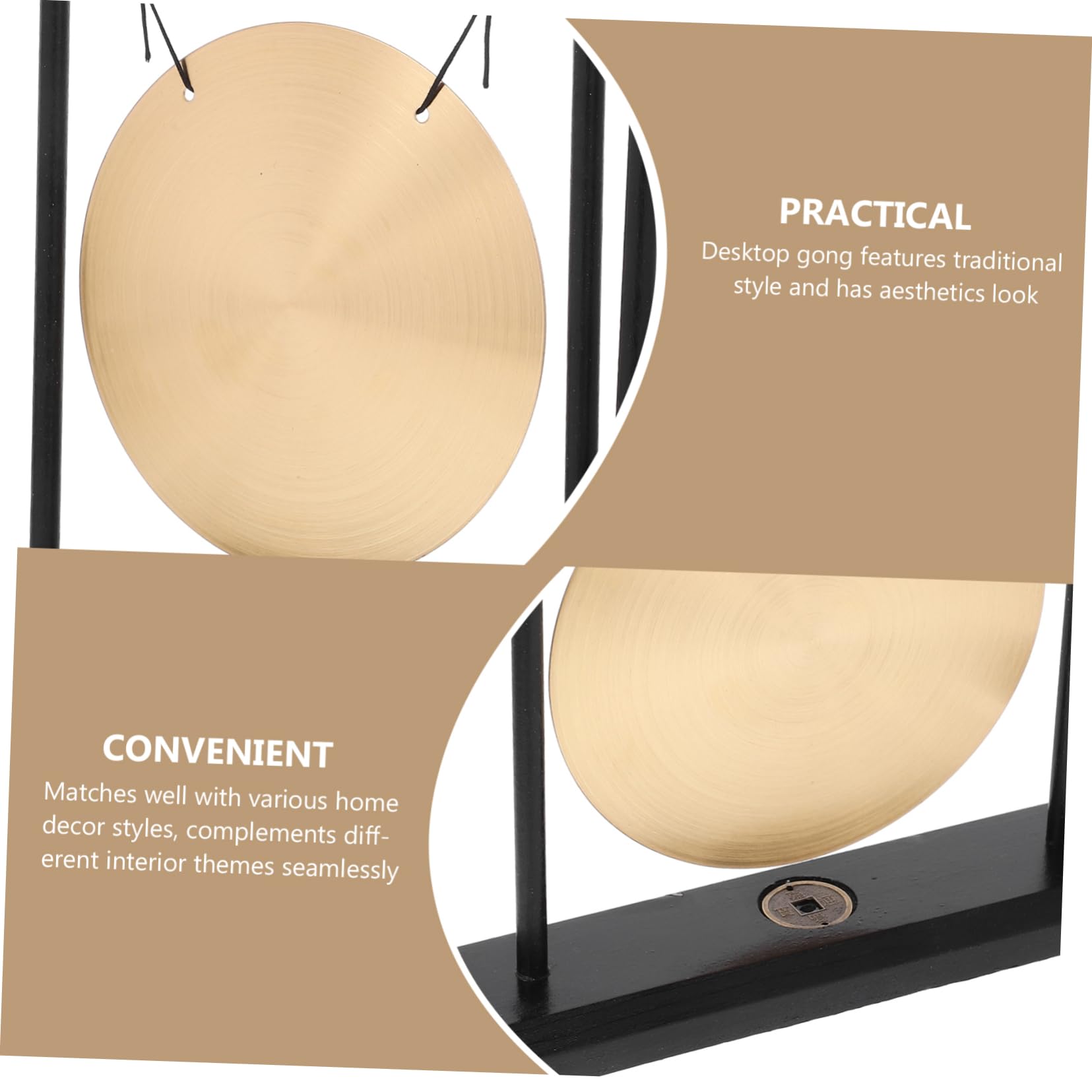 Pequeño Gong Decorativo de Madera y Cobre Dorado Elegante