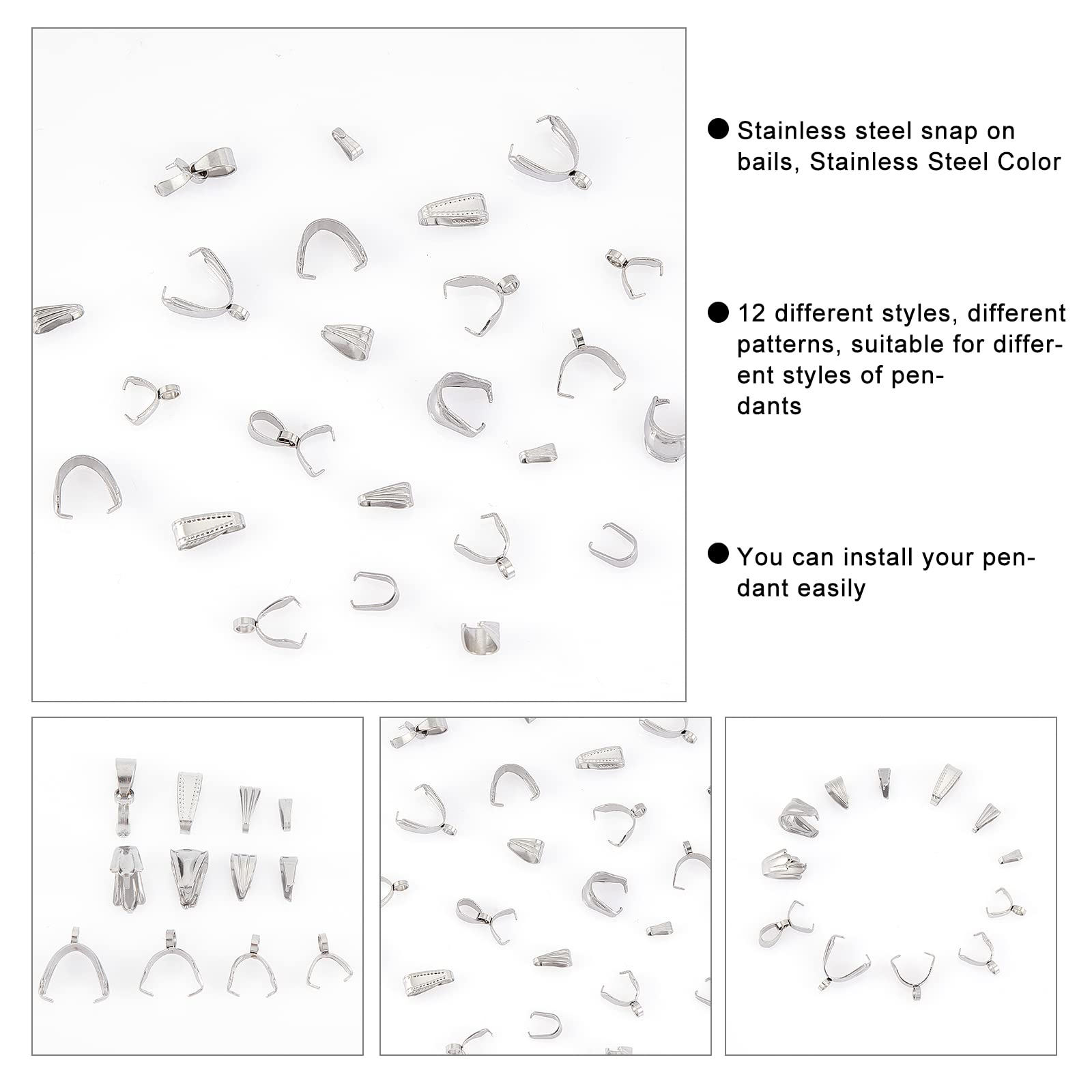 UNICRAFTALE 120 Pcs Pendentifs Pince Bails En Acier Inoxydable 304 - 6 Tailles Pour Fabrication De Bijoux