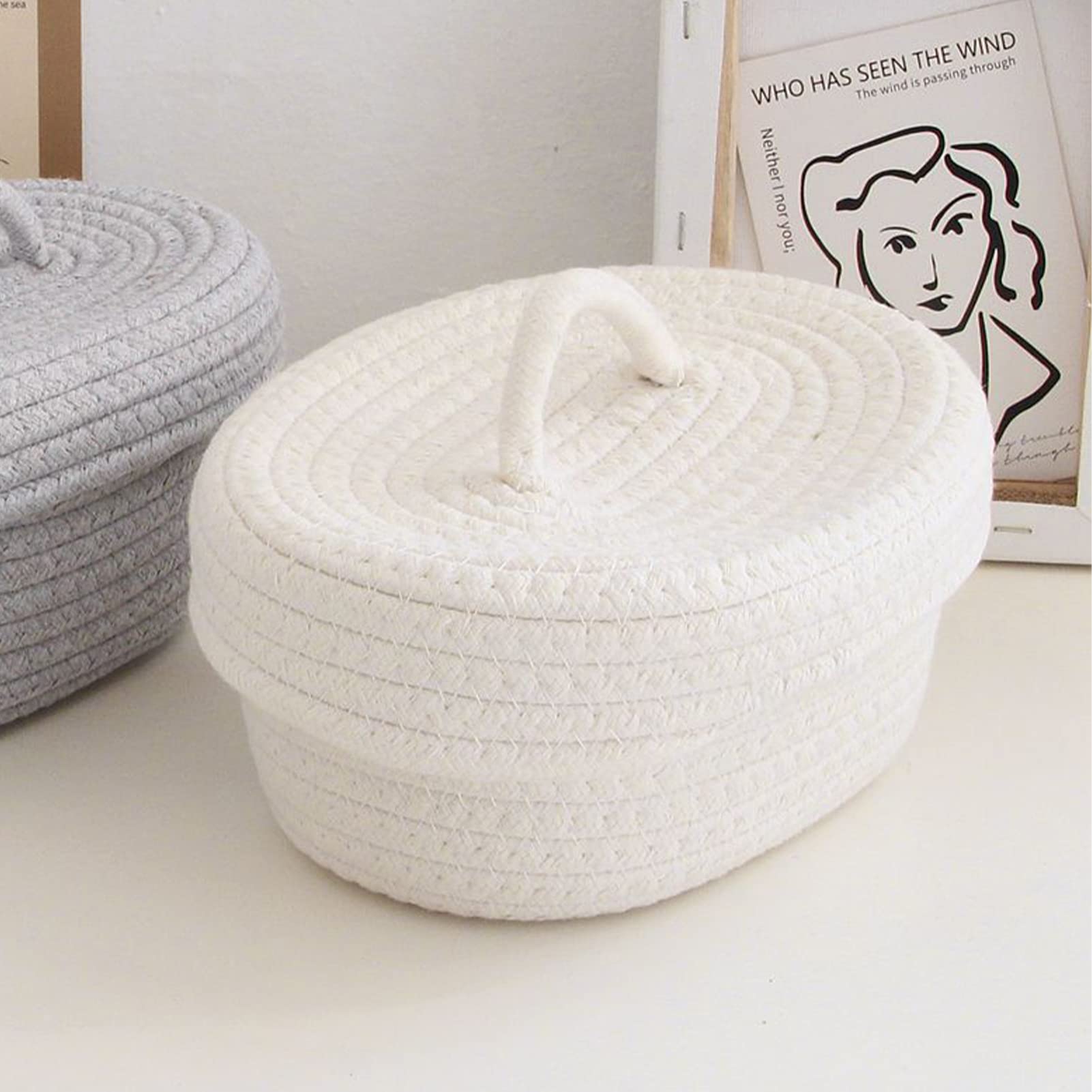 Naroote Cestino Portaoggetti in Corda di Cotone, Scatola Portaoggetti da Scrivania Decorativa Morbida per la Pelle con Coperchio per la Cameretta dei Bambini (Latte Bianco)