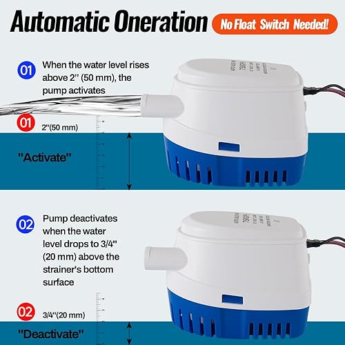 Miniatura 5 de Bomba de sentina marina automática de 12 V 750 GPH con interruptor de flotador integrado, bomba de agua sumergible de encendido/apagado automático