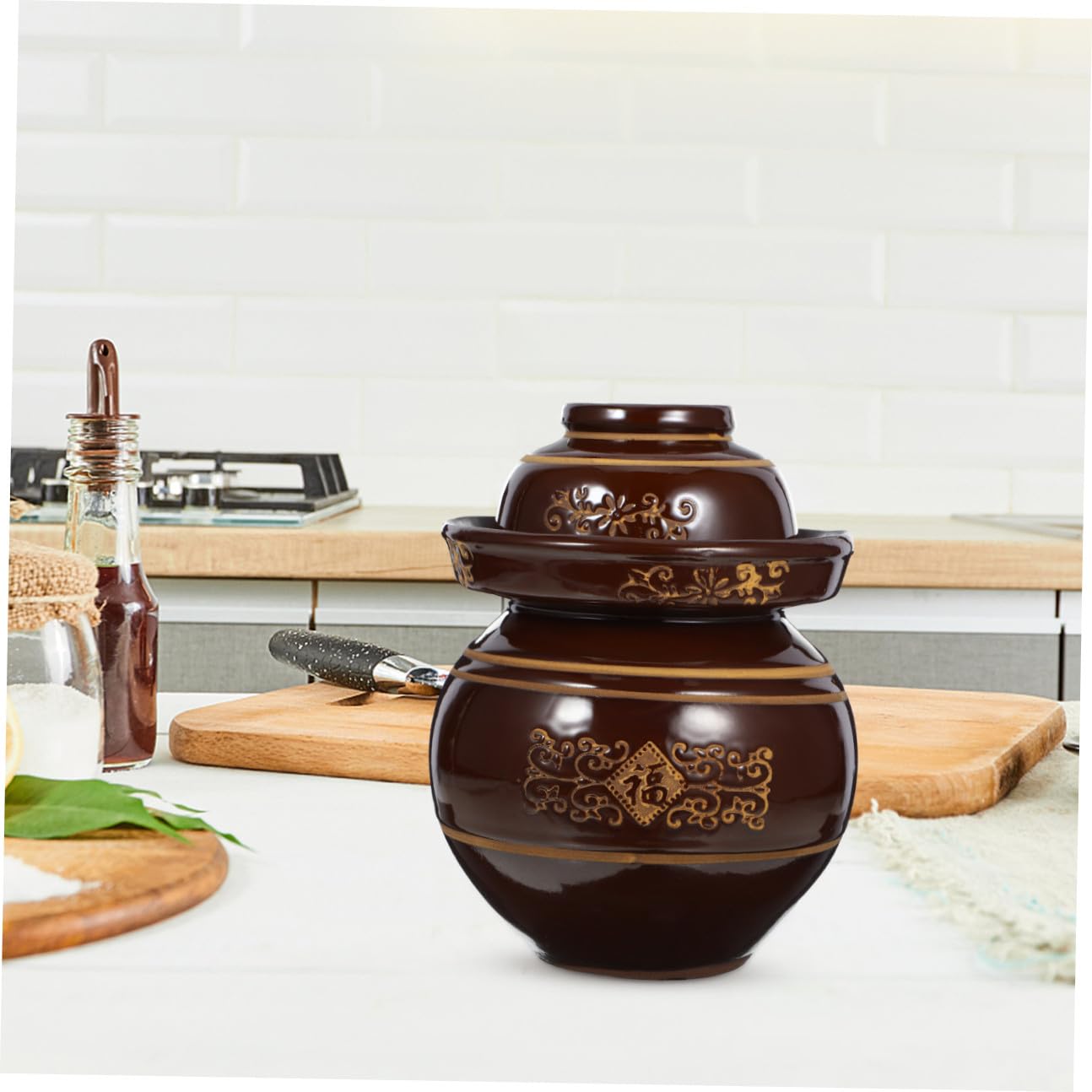 Toyvian Keramik Gurkenglas mit Luftdichtem Deckel Dicker Boden Glatte Oberfläche Vielseitig als Vorratsbehälter für Sauerkraut und Fermentierte Lebensmittel im Haushalt Zufälliger Stil