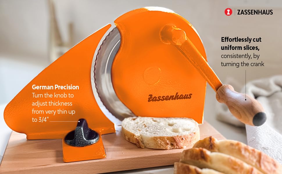 Image of Zassenhaus Original Classic Adjustable Bread Slicer for Uniform Slices - Bread Slicer for Homemade Bread - 18 /8 Stainless Steel Blade Sourdough Cutter -Orange, 11.75 inch x 8 inch