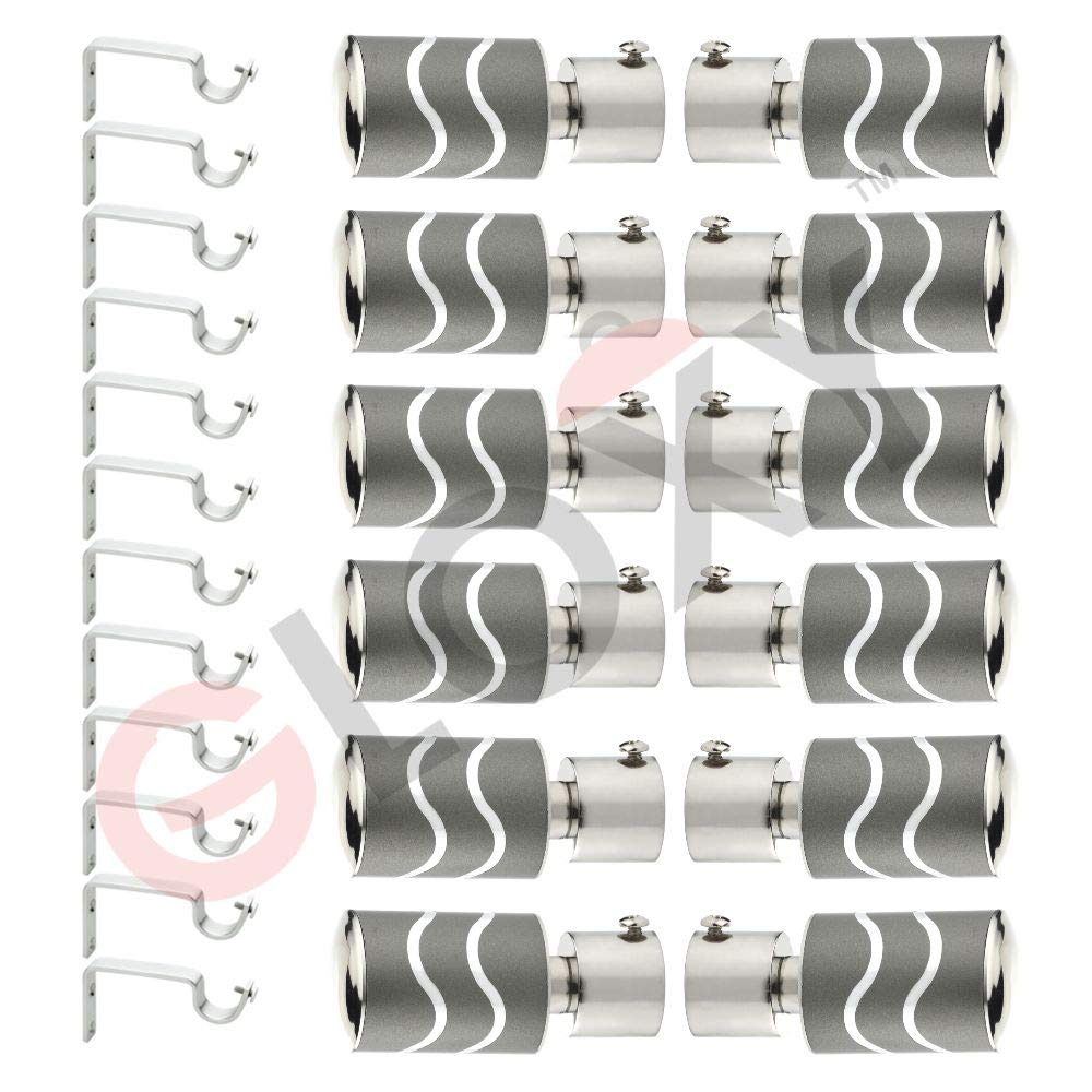 GLOXY Stainless Steel Curtain Brackets with Silver Wave Designer Finials Combo Pack of 6 Pairs - 1 Inch Rod Pocket Support Fittings, Durable Curtain Rod Holders for Windows & Doors