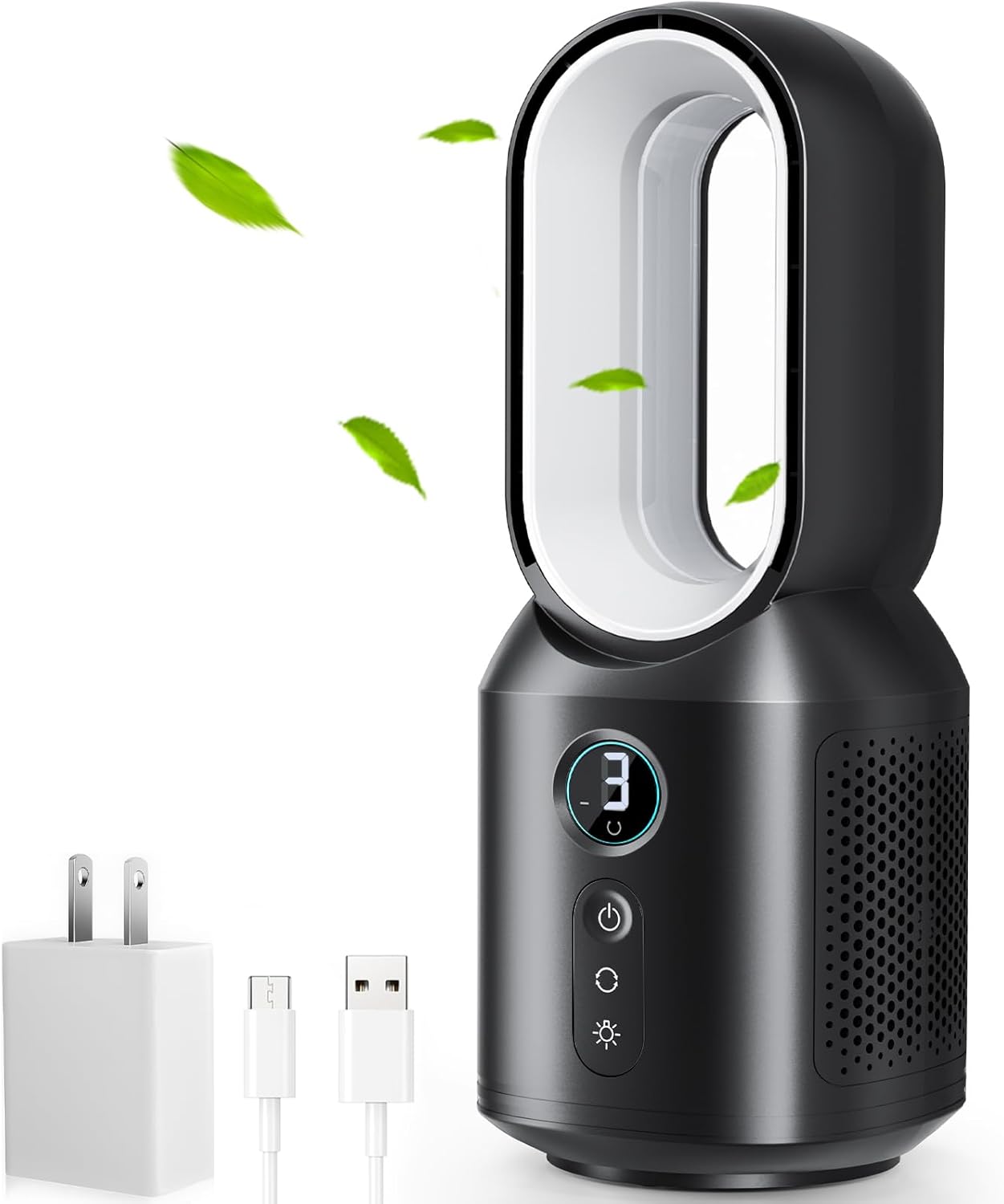 Let'me 13 inch bureauventilator, kleine bladloze tafelventilator, 106° oscillerende ventilatoraanraakbediening met 3 snelheden en nachtlampje, stille bureauventilator voor persoonlijk, kantoor, nachtkastje