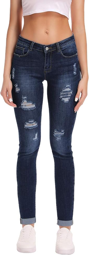 Womens Juniors Slim Ripped Skinny Fit Jeans Distressed Butt Lift Mid Rise Denim
