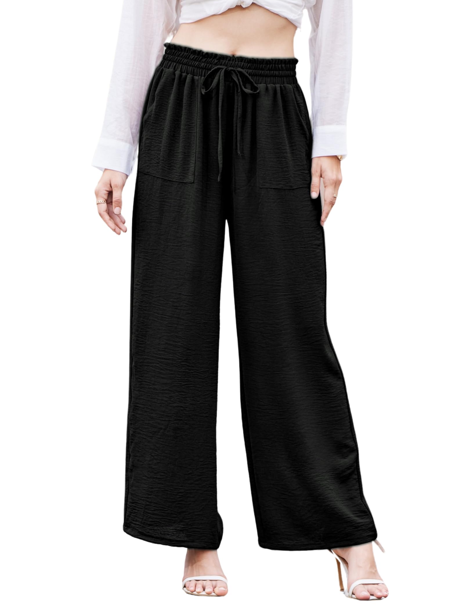 Womens Work Pants Casual High Waisted Drawstring Wide Leg Trousers Fall Flowy Loose Business Palazzo Pants Navy S