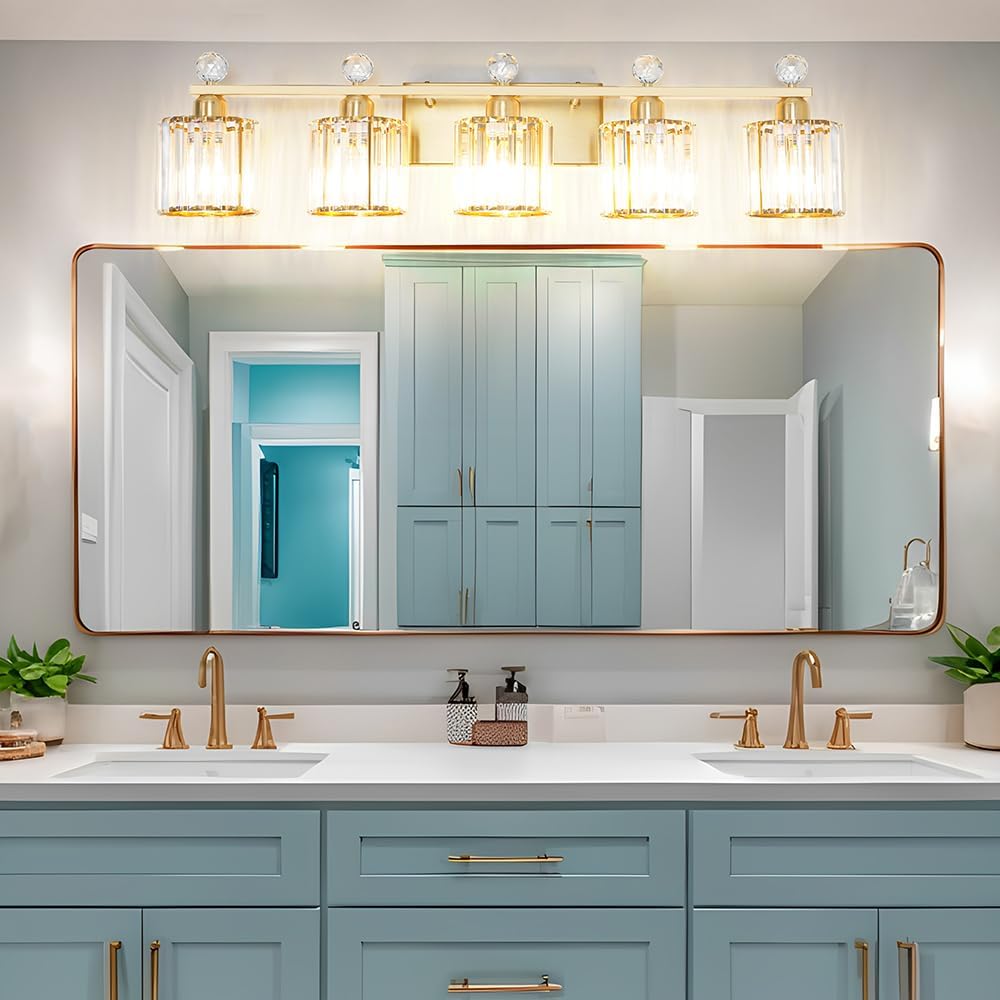 Bathroom Vanity Light Fixtures 5-lights, Gold Crystal Vanity Lights for Bath, Bathroom Lights Fixture with Clear Crystal Glass Shade, Modern Wall Light over Mirror, Wall Sconces Light for Hallway