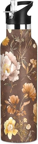Miniatura 25 de Autumn Flowers Carnation Cactus Amaryllis Brown Leak Proof & BPA Free Sport Insulated Water Bottle With Straws Leak-proof Double-Wall Insulation for