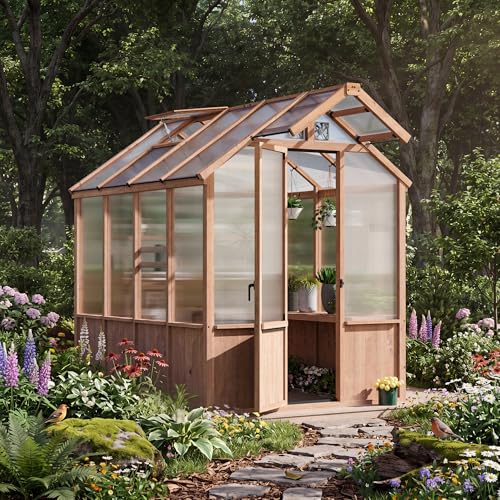 Image of Modern Shade EverBloom 6.5'x8' Wooden Greenhouse, 8' Extra-Tall Cedar Wood Greenhouse with Built-in Outdoor Faucet Kit, Heavy Duty Greenhouse with Built-in Shelving, Power Strip & Ventilation System