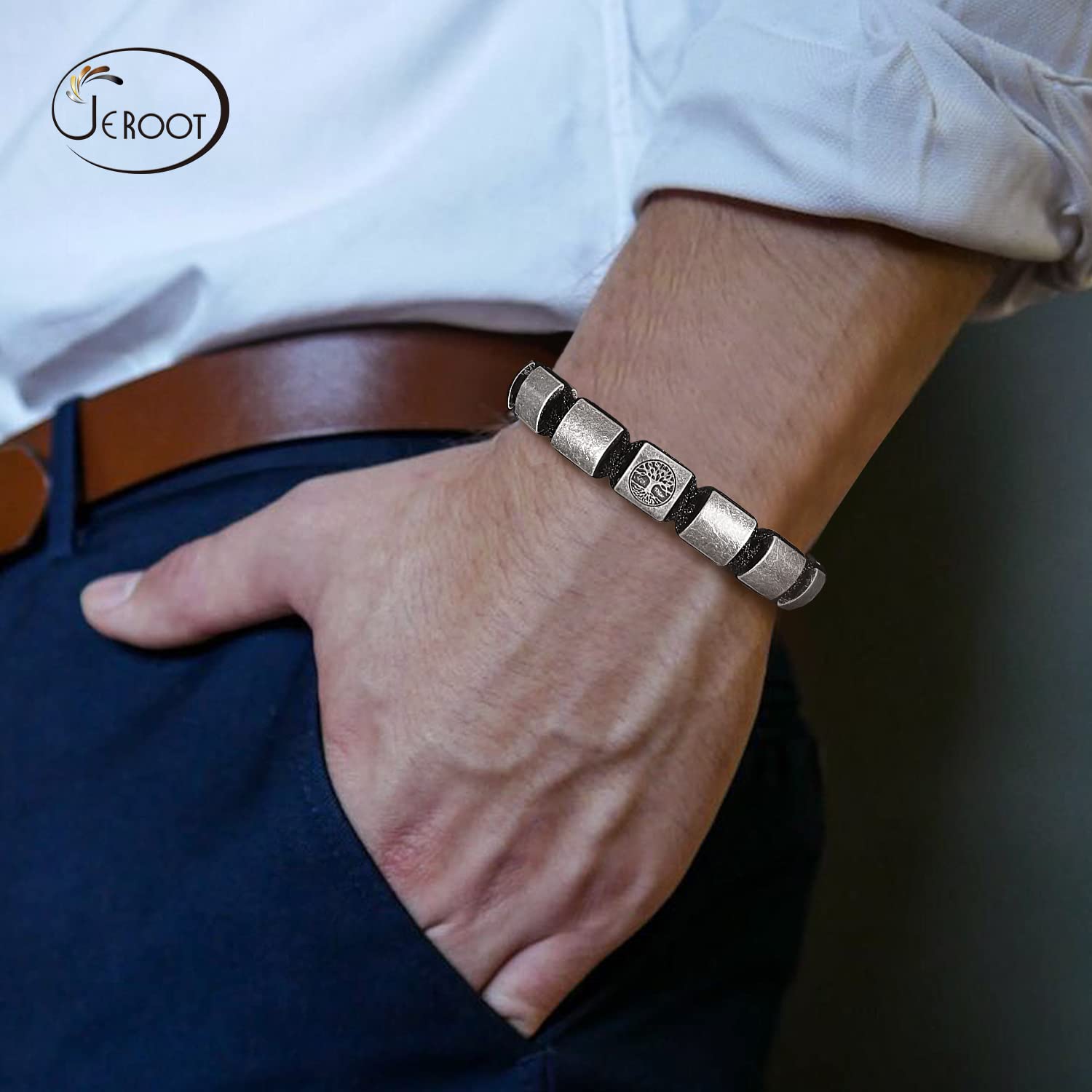 JEROOT Magnetarmband Herren, Titanstahl Magnet Armband Heilung Herren mit Ultra-Stärke von 3500 Gauss-Magneten, Baum Lebensbaum Weltenbaum Schmuck Armbänder (23-30CM)