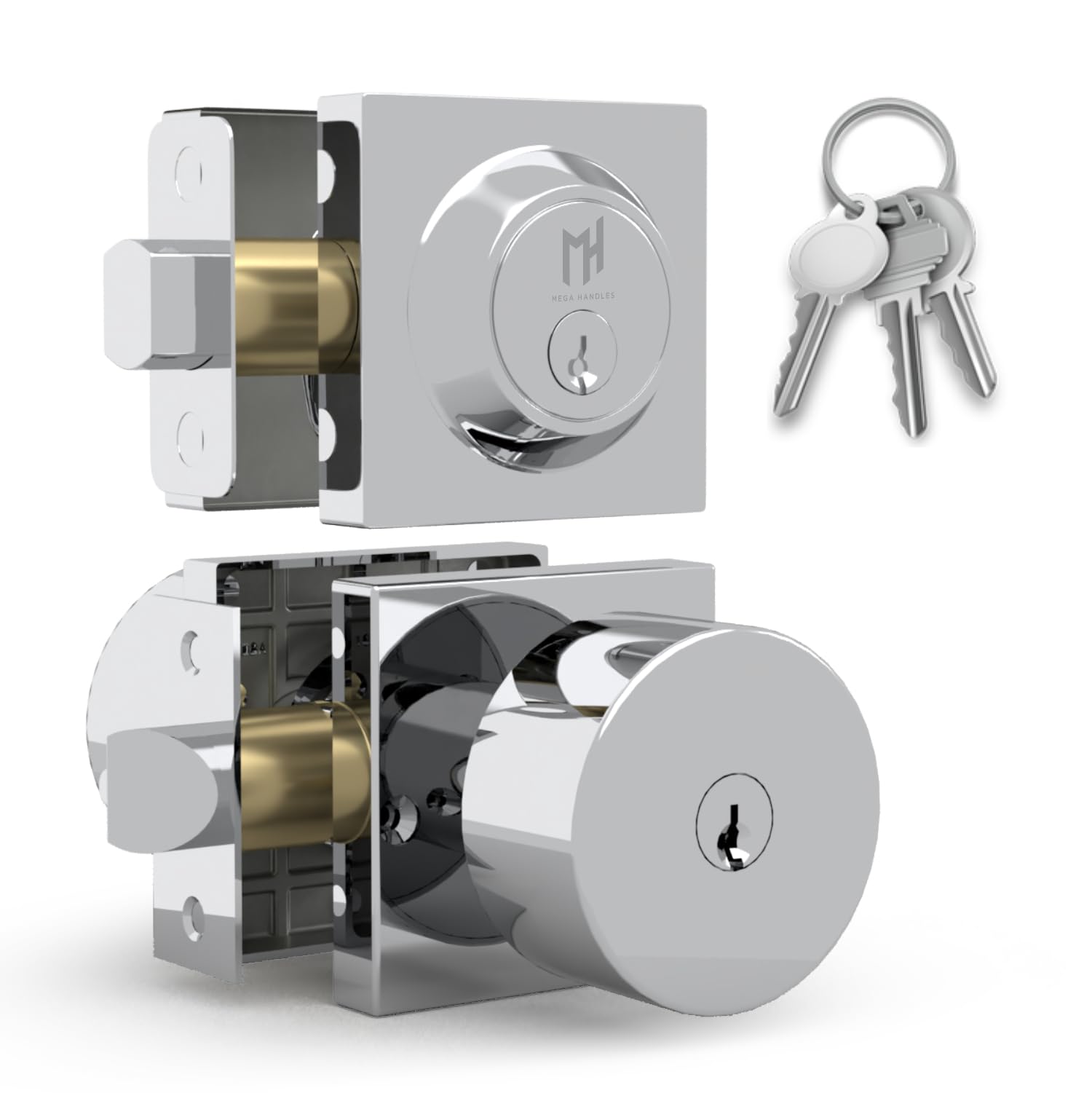 Mega Handles - SUANA Entry Combo I - Pomo de puerta de entrada y cerradura de un solo cilindro y llave - Pomo de puerta de bloqueo resistente para puertas zurdas o diestras - Cromo pulido