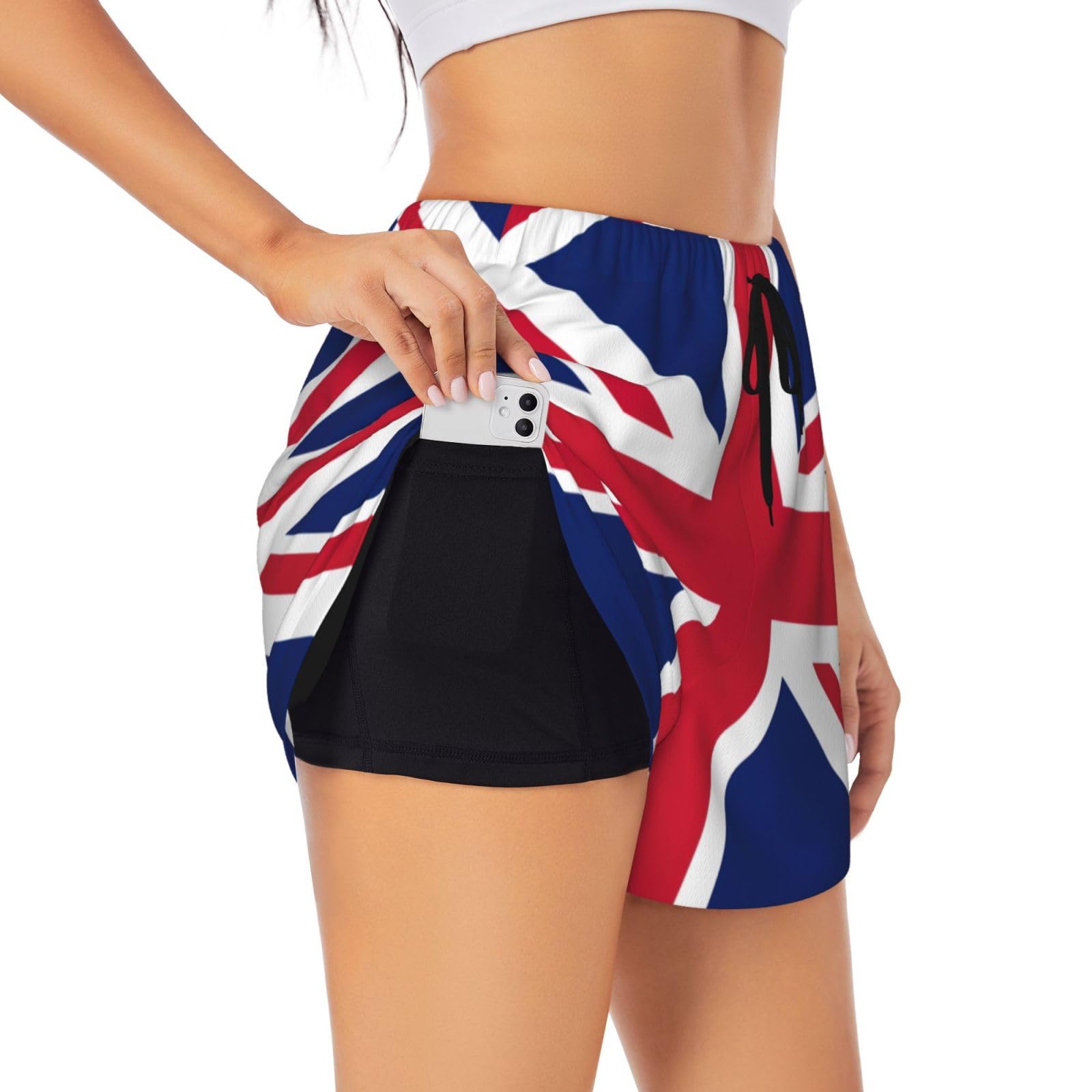 Hvmung Women's Black British Flag Print Double-Layer Athletic Shorts Running Shorts Gym Workout Shorts, M