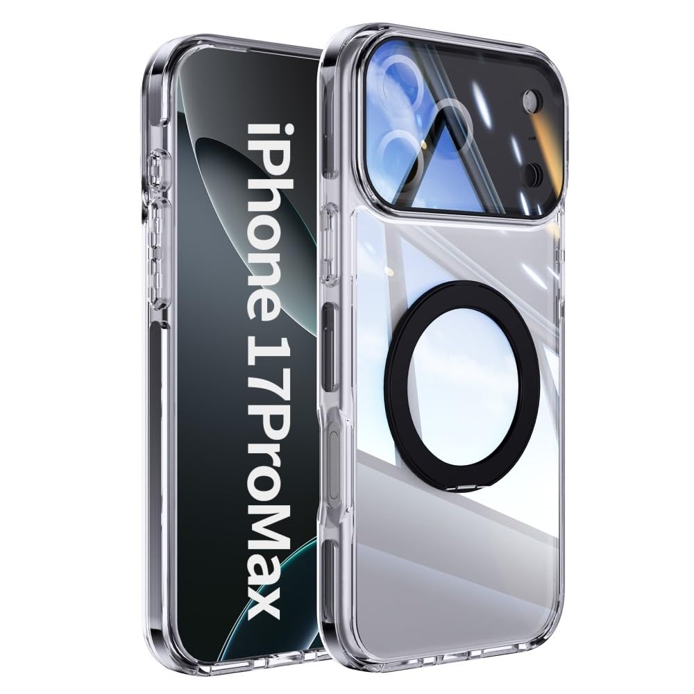 Generic Compatible con iPhone 17 (color: negro), funda de silicona rígida transparente con soporte de anillo