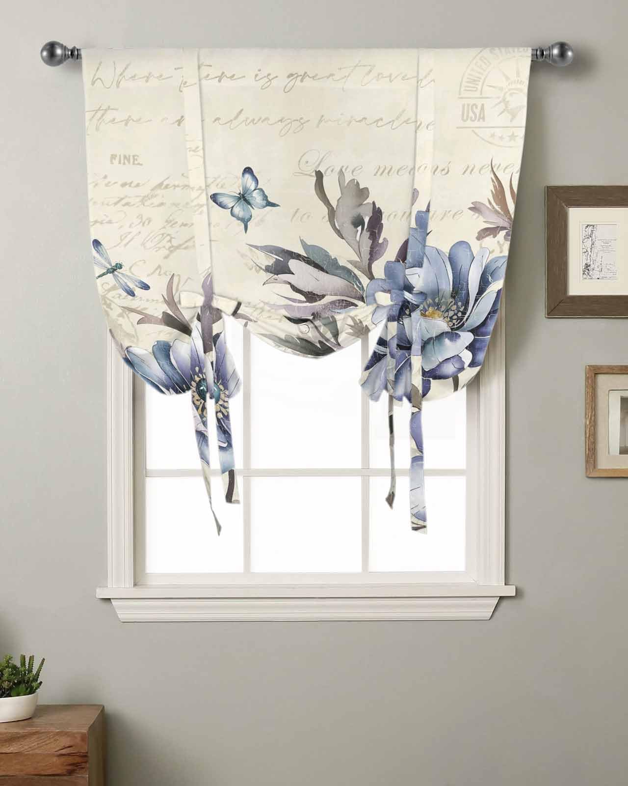 Purple Blue Flower Tie Up Curtains for Windows 45 Inch Length Balloon Curtains Kitchen Adjustable Balloon Window Shade Farmhouse Botanical Floral Butterfly Tie Up Bathroom Curtain Window 34