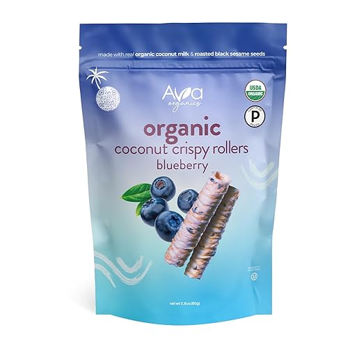 Ava Organics Blueberry Coconut Crispy Rollers – 100% Organic, Gluten-Free, Non-GMO, Kosher, Vegetarian, Certified Paleo – Lightly Sweetened Baked Snack – 2.8 oz Bags (Pack of 8)