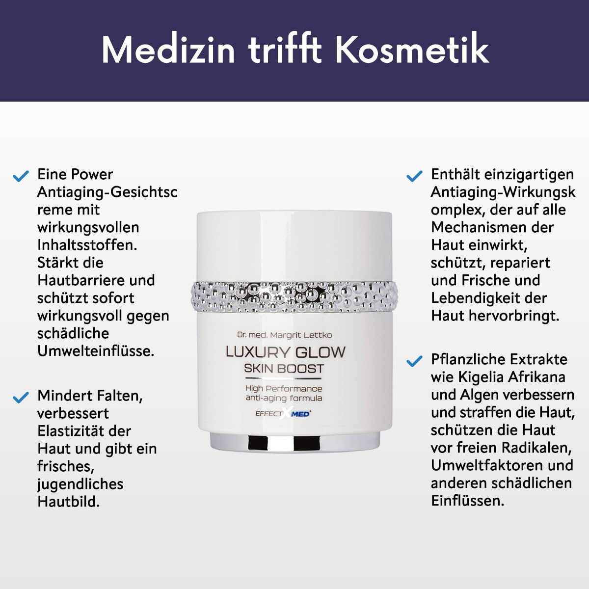 EFFECTXMED – Luxury Glow Skin Boost krem przeciwzmarszczkowy 50 ml – bardzo skuteczny krem nawilżający z ekstraktami roślinnymi opracowany przez Dr. Margrit Lettko – medyczny krem do twarzy