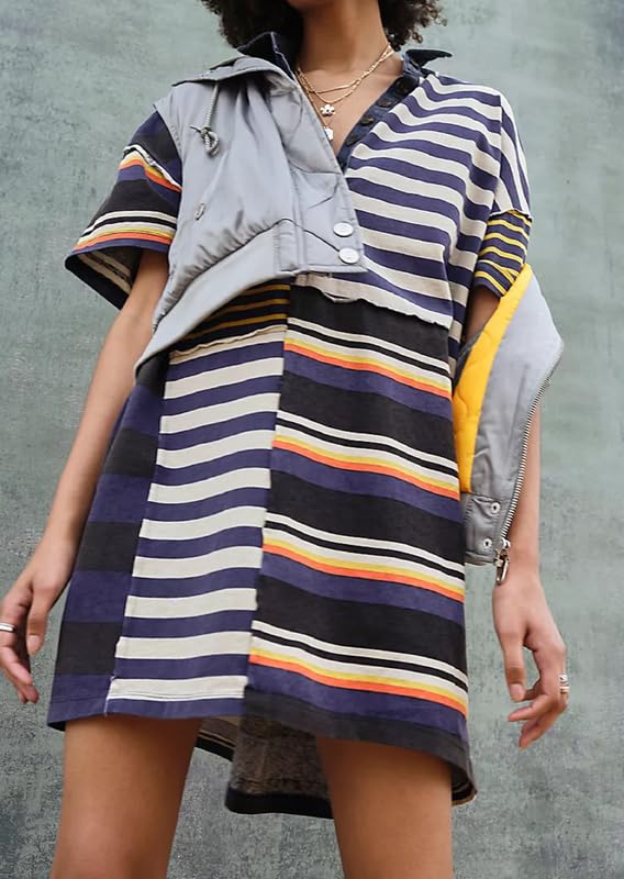 Image of NUFIWI Y2K Striped Shirt Mini Dress for Women Oversized Stripe Tunic Tshirt Dresses Short Sleeve Buttons Loose Fit Tee Dress