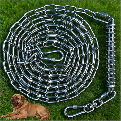 Image of Heavy Duty Dog Tie Out Chain with Spring for Yard, 304 Stainless Steel 4MM Chew Proof Metal Leash for Large Dogs, 200lbs Shock Absorbing Dog Runner Cable (1 Spring+Chain /25ft)