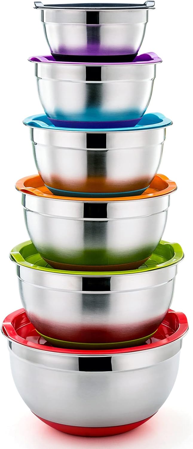 P&P CHEF Mixing Bowls With Lids, Set of 6, Stainless Steel Nesting Mixing Bowls & Fitting Lids & Non-Slip Silicone Bottom, Ideal for Mixing, Storing, Size 0.7/1/1.5/2.5/3/4.6 Qt, Multicolor