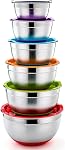 P&P CHEF Mélanger des bols avec des lids, ensemble de 6, Bols de mélange de nichoirs en acier inoxydable & Lys d'aménagement & Fond en silicone non glissant, idéal pour le mélange, le stockage, la taille 0.7/1/1,5/2.5/3/4,6 Qt, multicolore