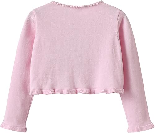 Girls Open Front Bolero Shrug Kids Long Sleeve Cropped Elegant Cardigan Knit Sweater Cotton Jacket(Pink,11-12 Years)