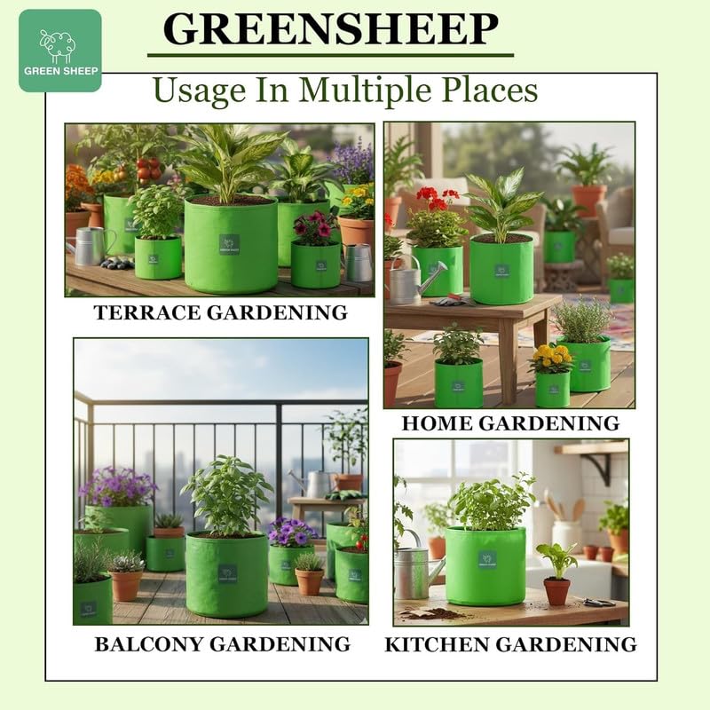 Image of GREENSHEEP HDPE Grow Bag Heavy Duty 260 GSM Round Plants Flower Growing Bags Floor Standing Mount Type for Home Garden Balcony Terrace Kitchen Nursery (Green, 24x24 inch, Pack of 30)