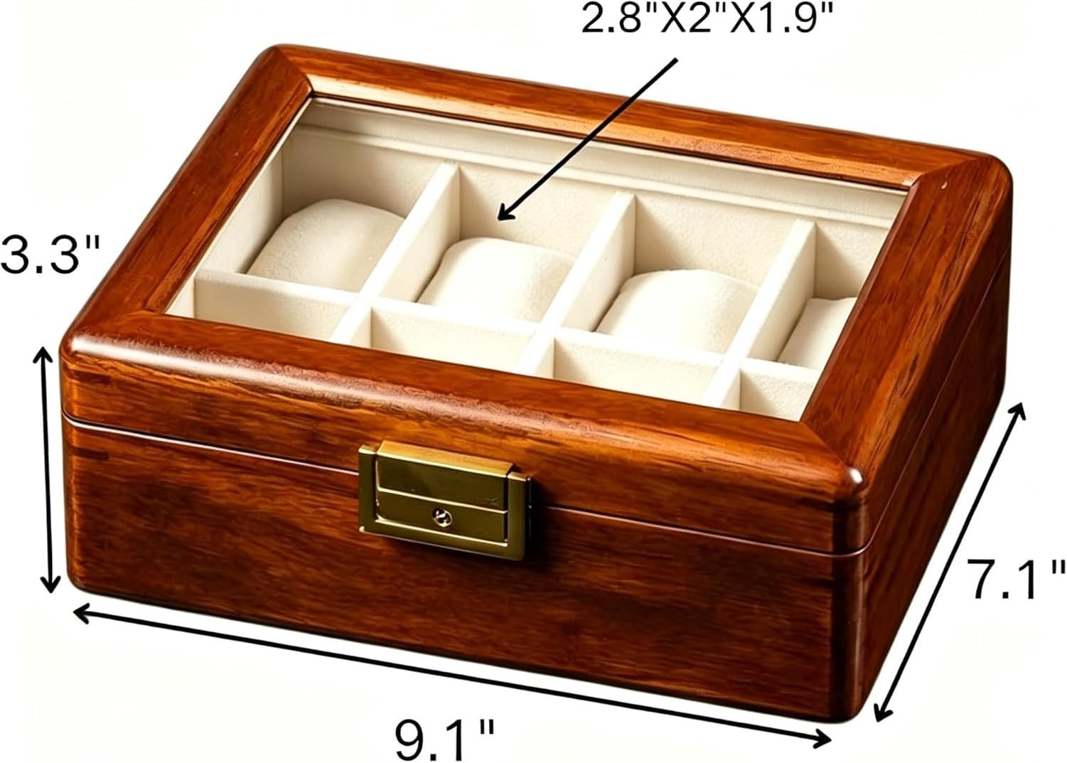 Astuccio Orologio in Legno Massello 8 Van Pietra con Coperchio in Vetro Noce Scatola Porta Orologi per Uomo Donna Custodia Da Tavolo Organizer, 8 slot-velluto bianco, Legno di teak dorato massiccio