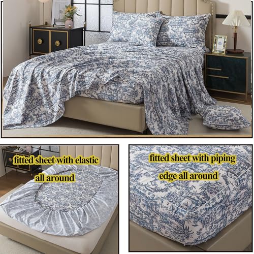 Image of FADFAY Blue Toile Sheets Set Cal King French Country Vintage Farmhouse Bedding Exotic Scenic Floral Bedding 100% Egyptian Cotton Soft Sheet Set with Deep Pocket Fitted Sheet 4Pc, California King Size