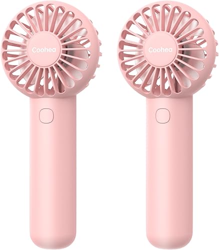 Paquete de 2 ventiladores de mano color rosa, funciona con pilas, ventilador portátil de 3 velocidades, potente mini ventilador con base y cordón,