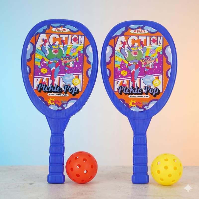 Asian Blue Pickle Pop Kids Pickleball Paddle Set with 2 Lightweight Plastic Rackets & 2 Balls | Easy Grip Handle | Durable Indoor & Outdoor Pickleball Toy for Boys & Girls-image-49