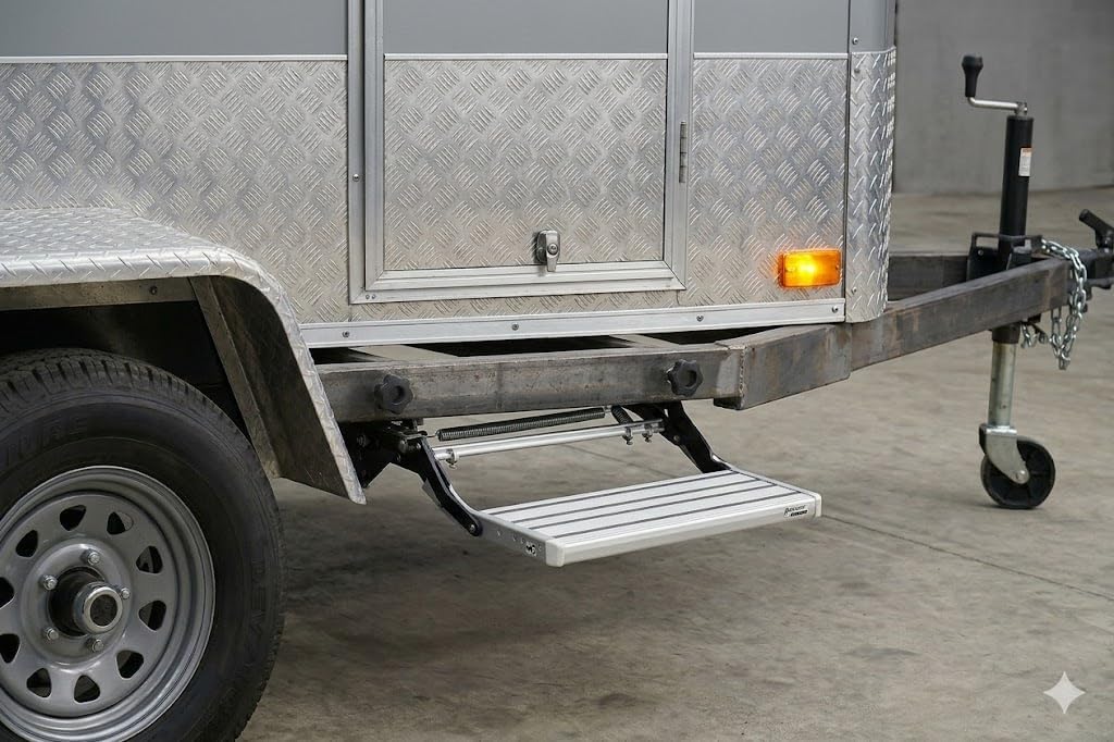 Image of the GEARFLAG RV step installed on the side of a trailer, showing it in the extended position.
