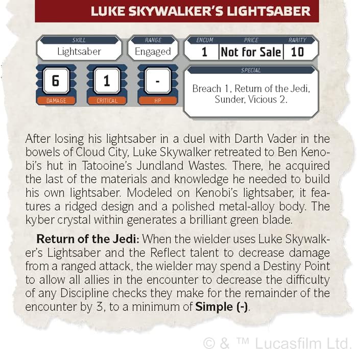 Open book showing Luke Skywalker's Lightsaber stats