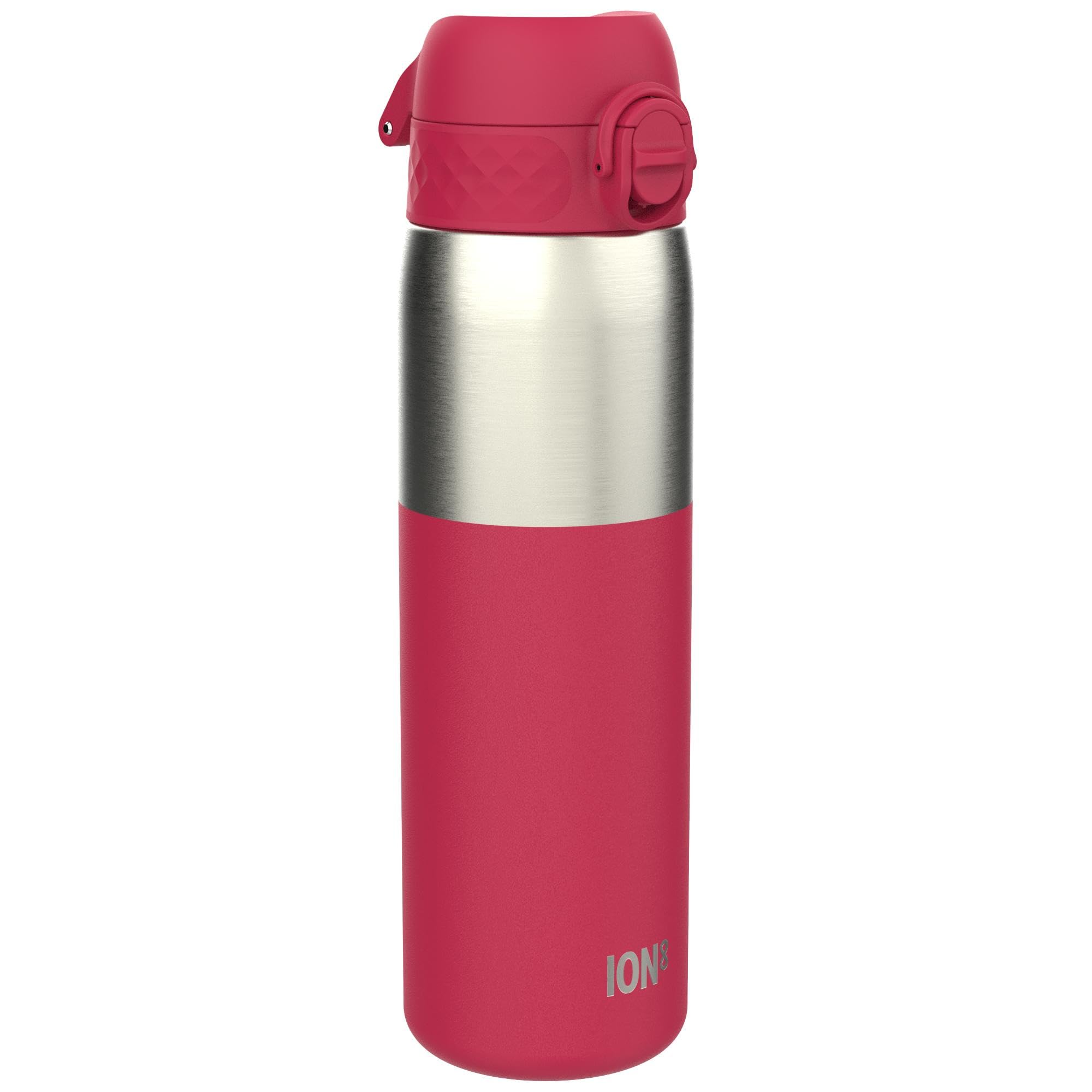 ION8 Lightweight Steel Water Bottle, 600ml/20oz, Non-Insulated, Leak Proof, Easy to Open, Secure Lock, Dishwasher Safe,Flip Cover, Fits Cup Holders, Metal Water Bottle, Half Cut Viva Magenta