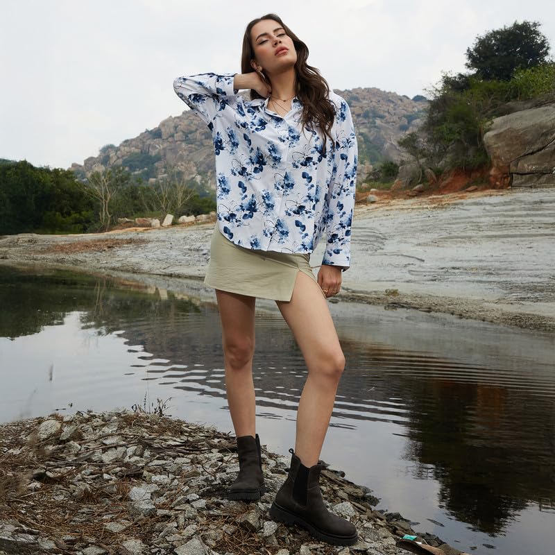 Image of PINACOLADA Women's Solid Oversized Shirt for Casual Wear | Spread Collar | Long Sleeve | Button Closure | Oversized Shirt Crafted with Comfort Fit for Everyday Wear