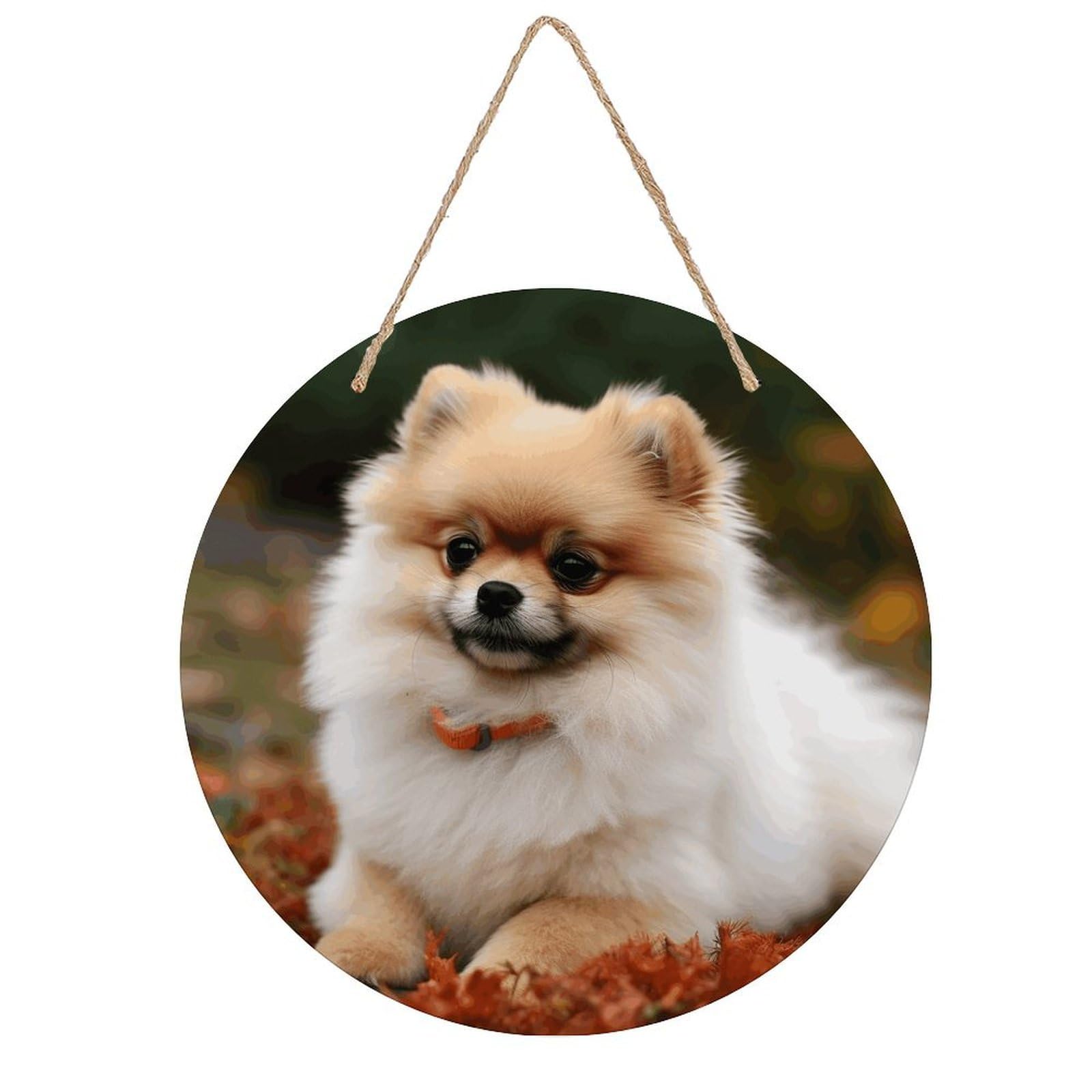 VstaDank Short Haired Pomeranian Dog Wall Art Decor with Ropes Wooden Hanging Sign Hanging Wall Decor Artwork Round Wood Painting Modern Wall Prints Decor Picture for Office Bar Home Decors