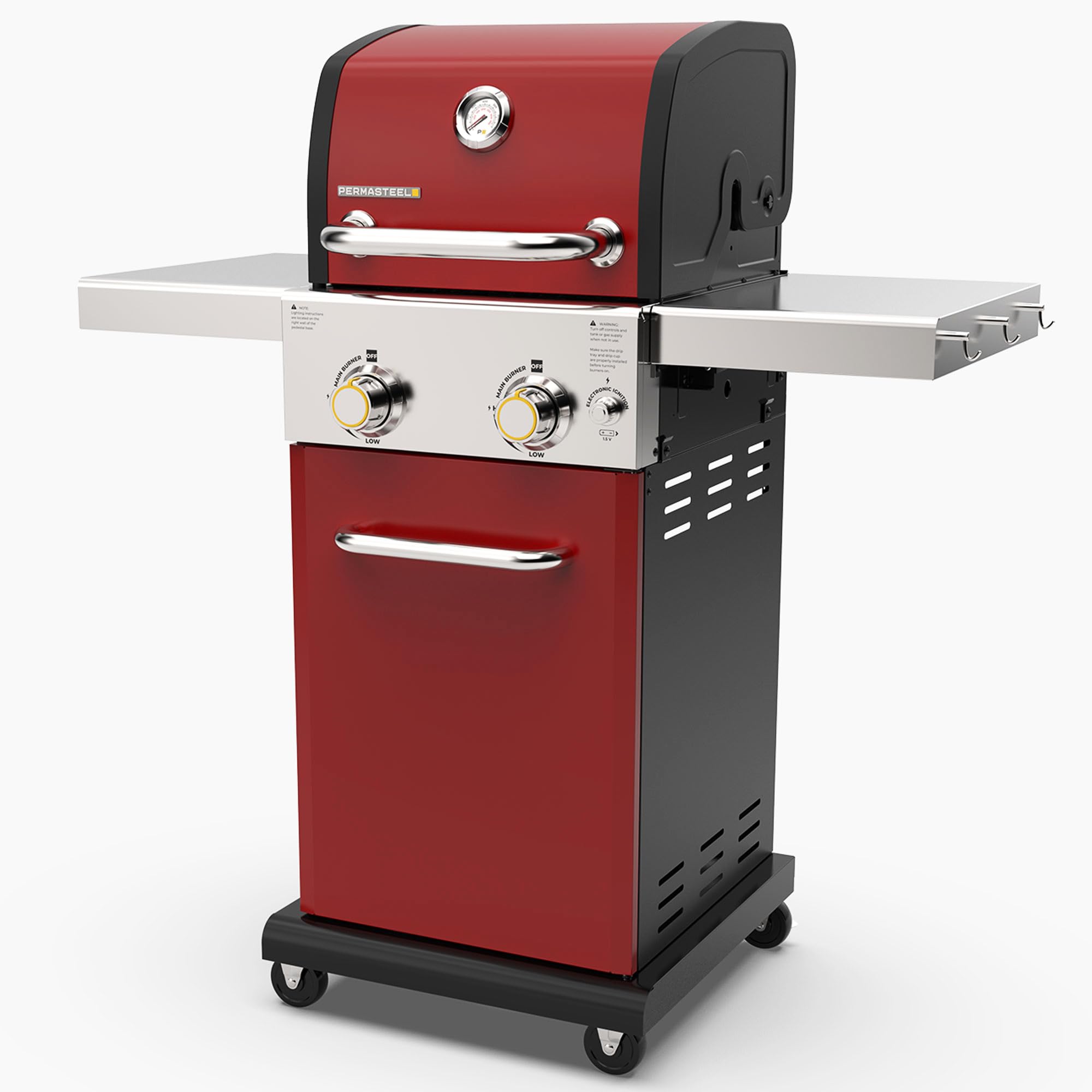 Permasteel 2-Burner Propane Gas Grill, BBQ Grill with Foldable Side Tables & Tool Hooks, Perfect for Outdoor Cooking, Patio & Garden, Red