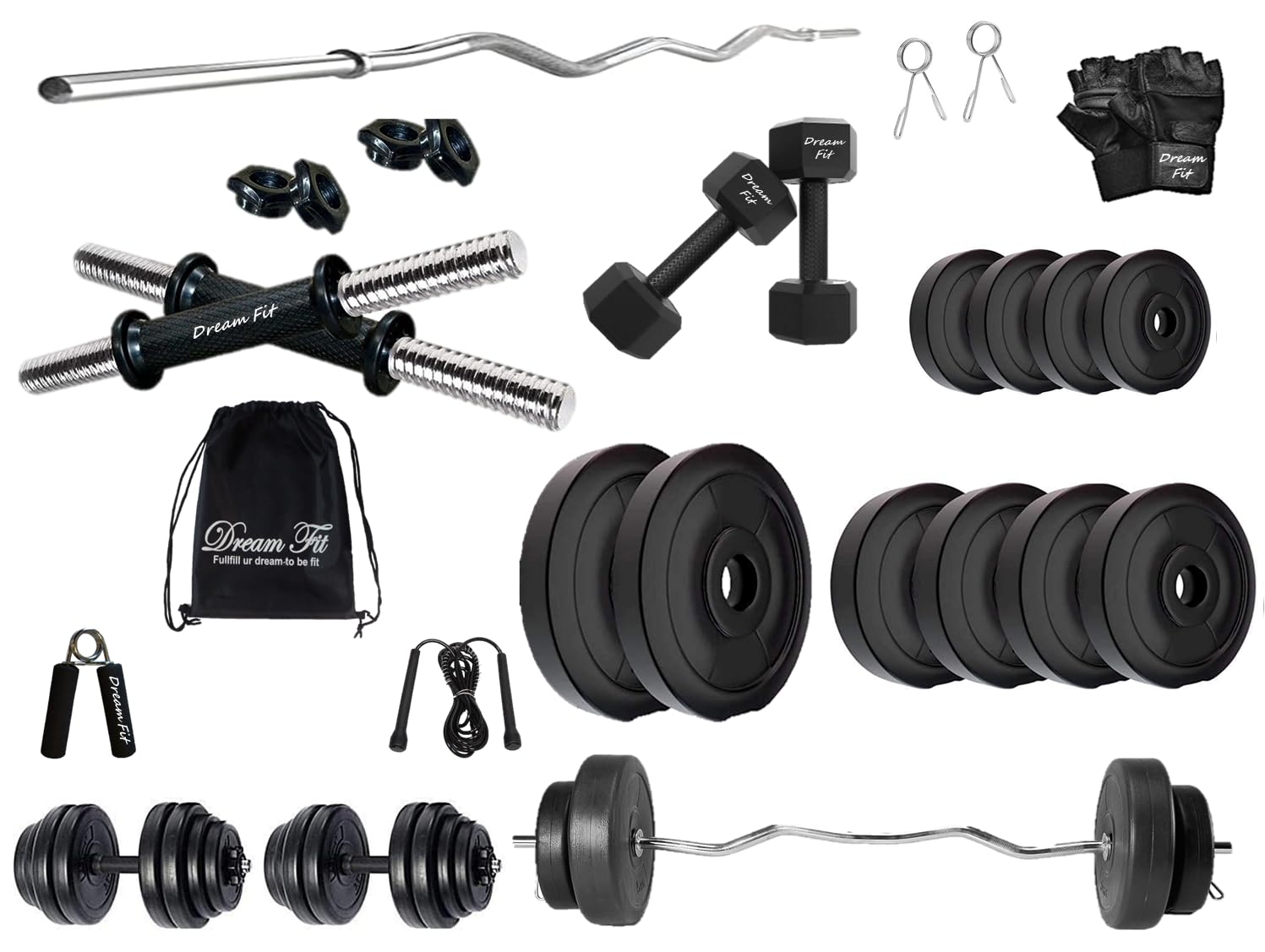 DREAM FIT PVC Home Gym Set - 50Kg PVC Plates with 3 ft Curling Rod, 1 Pair Dumbbell rods, 1 Pair of 2Kg PVC hex Dumbbells and Gym Accessories (50Kg Set)-image-14