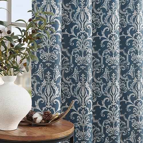 jinchan Room Darkening Curtains for Bedroom Blue Damask Patterned Curtains 84 Inches Long for Living Room Baroque Style Linen Textured Drapes Medallion Window Treatments Grommet Top 2 Panels Set