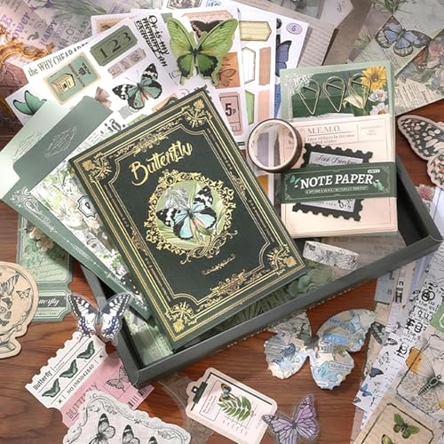 Image of VIBE VISTA Vintage Aesthetic Scrapbook Kit, 346 Pcs, A6 Grid Notebook, Washi, Envelopes, Scrapbook Papers, Folding Labels, Background Papers, Photo Frames, Calendar Stickers, Stickers (Forest Legend)
