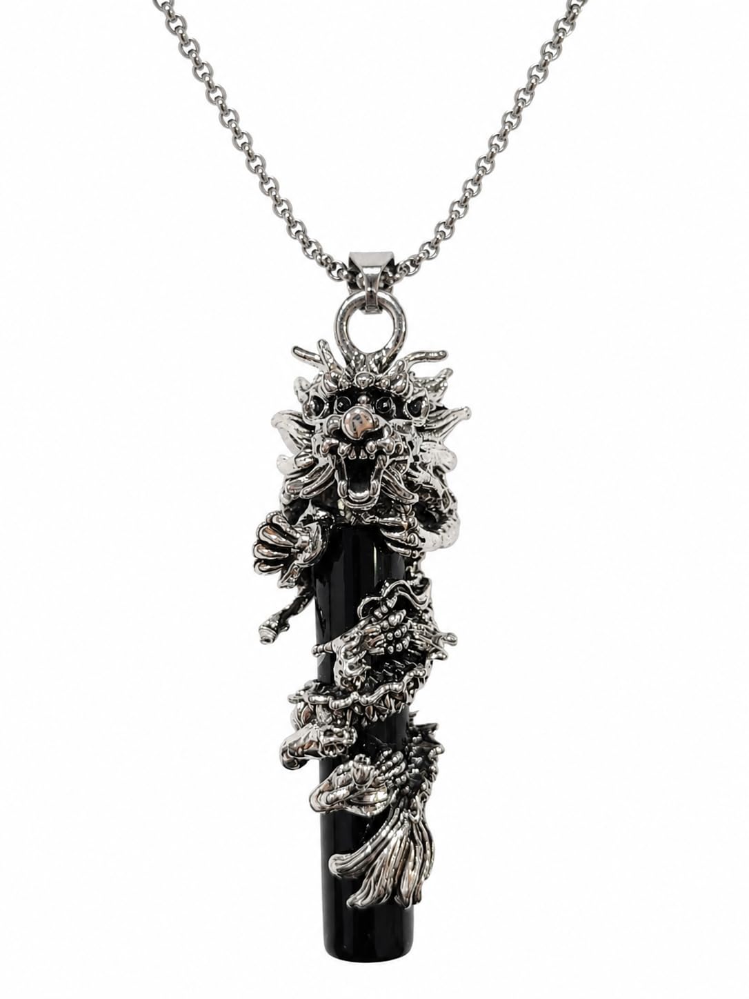 Dragon Wrap Pendant Necklace, Black and Silver, Stainless Steel Chain, Gothic Style-image-45
