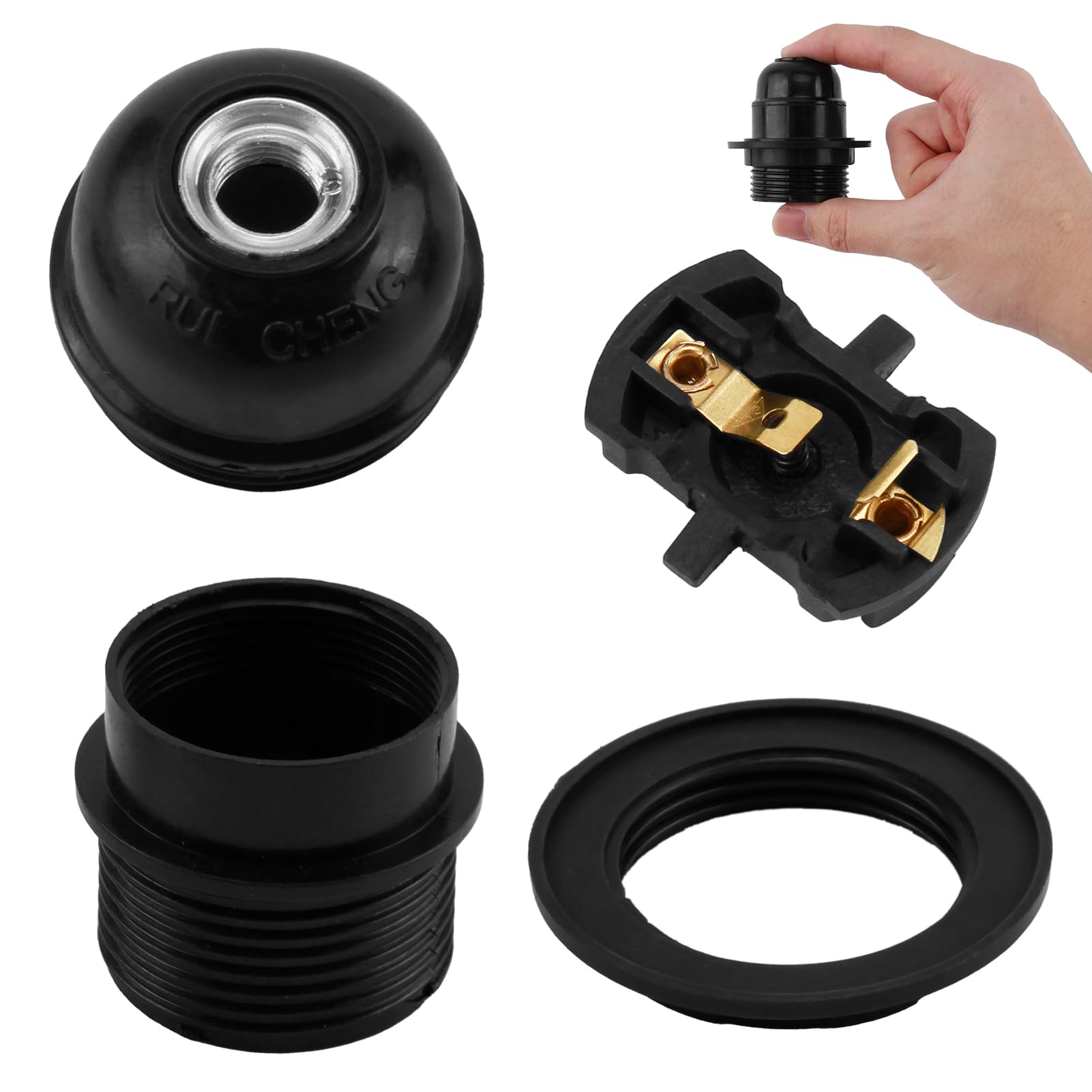 Edison Screw ES E27 Lamp Holder,Light Bulb Pendant Socket Deco E27 Screw Lampholder Fitting in Black Ceiling Table Lamp Fittings with 10mm Threaded Entry,Shade Ring,Safety Lock (Single Unit) - Image 3
