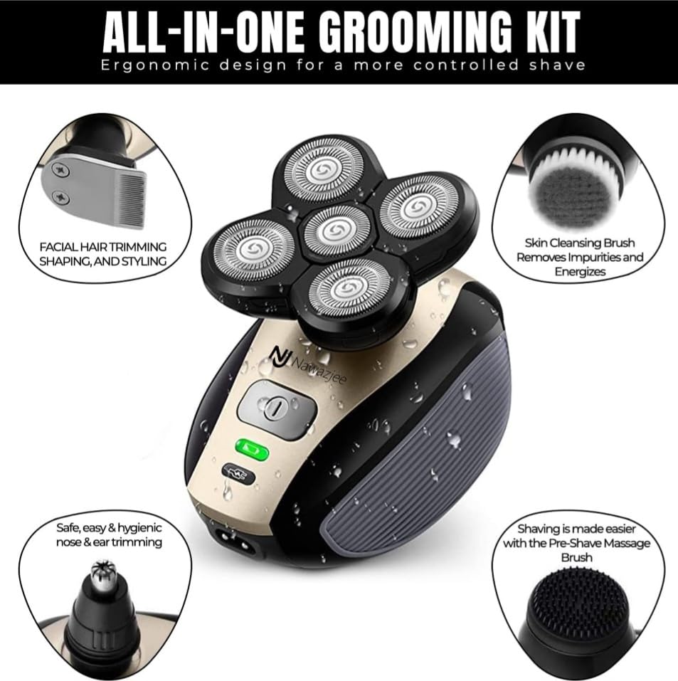 Image of Electric Shaver Bald Head Shaver Head Shaver for Bald Men Electic Razor for Men Waterproof Cordless Trimmer for Nose Ear Face Body Wet Dry Men's Rotary Razor Head Shaving Machine 5 in 1 Groom Kit USB