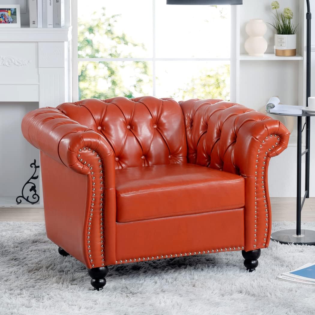 Modern Chesterfield Armchair PU Leather, Rolled Arm Tufted Back Accent Chairs, Upholstery Nailhead Trim for Living Room Office (Orange)