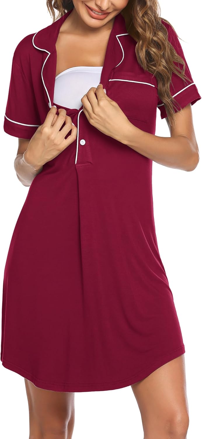 Ekouaer Women's Nightgown Button Down Nightshirt V Neck Sleepshirt Short Sleeve Sleepwear Soft Pajama Dress Wine Red - Image 5