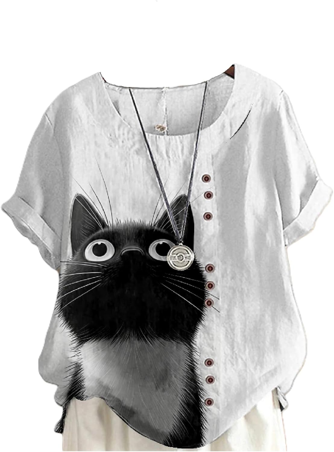 Shirts for Women Cute Cat Print Short Sleeve Crewneck Summer Vacation Fashion Vintage Dressy Casual Tunic Tops