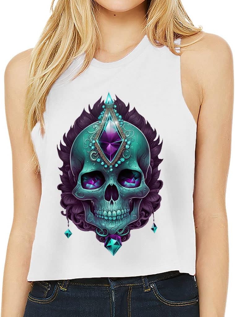 Skull Design Racerback Cropped Tank - Cute Skull Women's Tank - Cool Design Tank Top - White, XL